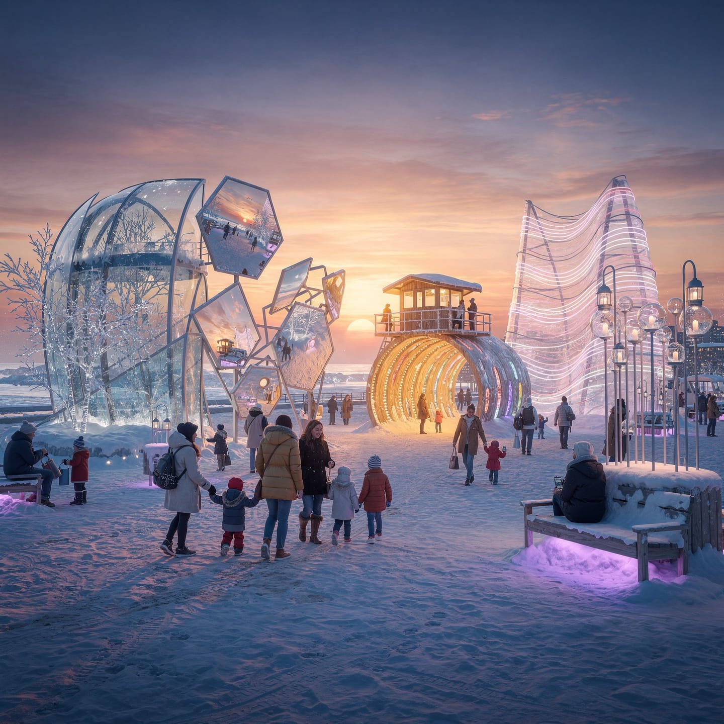 A winter scene featuring people walking in a snowy area surrounded by illuminated, transparent geometric sculptures and a tunnel-like structure with lights. The setting sun casts a warm glow, creating a contrast with the cool, snowy environment. The people, dressed in winter clothing, enhance the festive and recreational atmosphere.