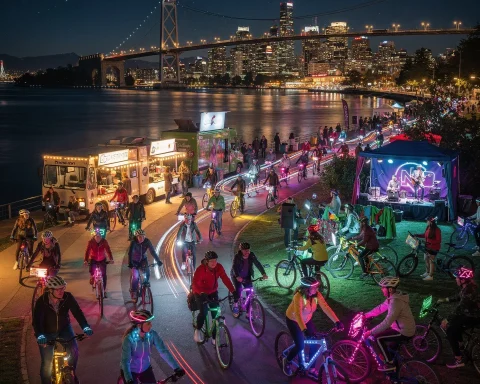 A lively night scene showcasing a group of cyclists riding along a waterfront path. The bicycles are decorated with colorful lights, creating a festive atmosphere. In the background, a brightly lit city skyline and a bridge can be seen spanning the water. Food trucks and a music performance setup with performers are visible by the path, adding to the energetic, celebratory mood of the scene.