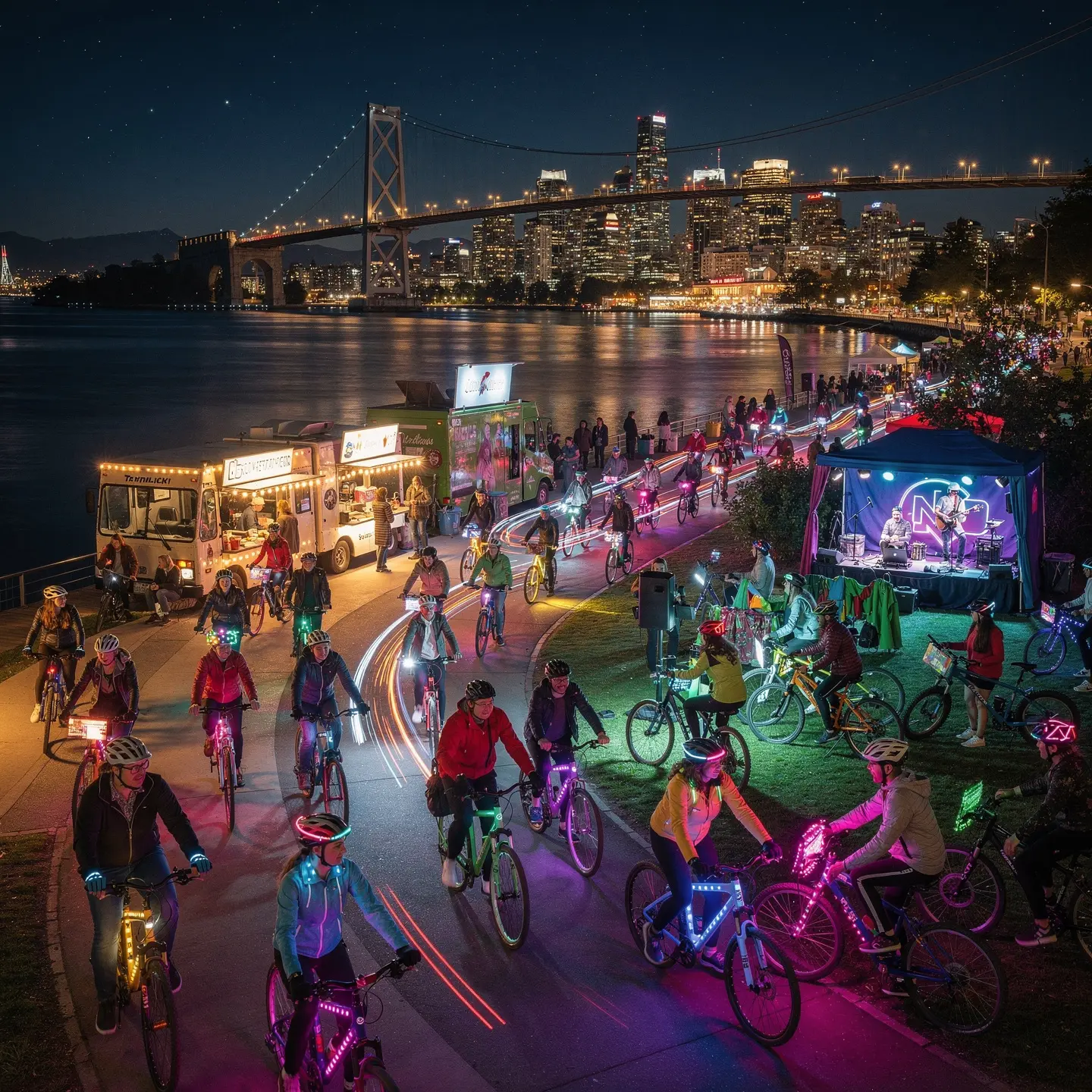 A lively night scene showcasing a group of cyclists riding along a waterfront path. The bicycles are decorated with colorful lights, creating a festive atmosphere. In the background, a brightly lit city skyline and a bridge can be seen spanning the water. Food trucks and a music performance setup with performers are visible by the path, adding to the energetic, celebratory mood of the scene.