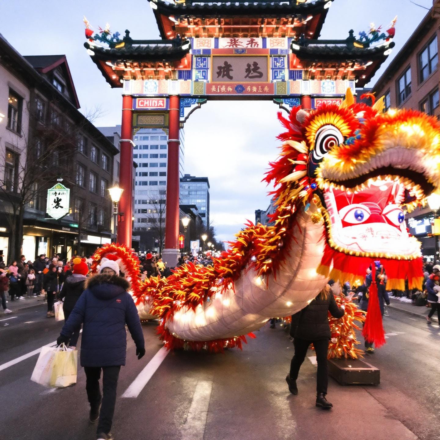 A lively street scene showcasing a traditional Chinese dragon dance. Participants carry a colorful, elongated dragon costume, a hallmark of celebrations like Chinese New Year. In the background, a Chinese-style gateway and a crowd of spectators add to the festive atmosphere, likely in a Chinatown setting.