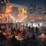 A festive winter scene featuring people enjoying various activities in a snowy setting. In the foreground, individuals, including some in wheelchairs, are participating in arts and crafts at tables. In the background, an ice skating rink is bustling with skaters, and a stage hosts performers in front of a building decorated with large horse figures and intricate patterns. Lanterns and festive lights create a warm and inviting atmosphere, highlighting the holiday celebration despite the cold weather.