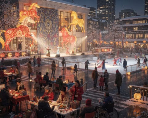 A festive winter scene featuring people enjoying various activities in a snowy setting. In the foreground, individuals, including some in wheelchairs, are participating in arts and crafts at tables. In the background, an ice skating rink is bustling with skaters, and a stage hosts performers in front of a building decorated with large horse figures and intricate patterns. Lanterns and festive lights create a warm and inviting atmosphere, highlighting the holiday celebration despite the cold weather.