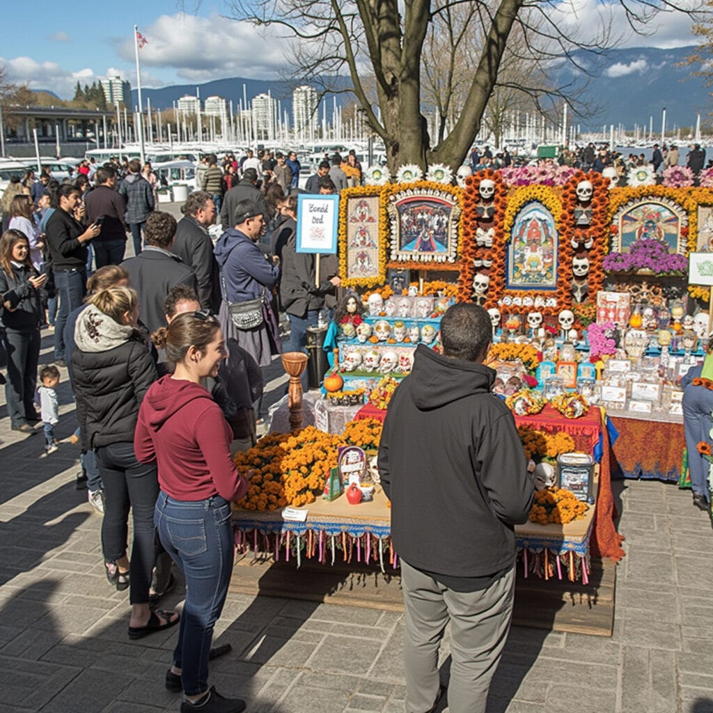An outdoor altar for the Day of the Dead featuring marigold flowers, decorative skulls, and framed pictures. People are gathered around the display, observing and interacting, in a public park setting.