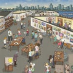A lively outdoor art fair or exhibition scene with people interacting and observing various artworks displayed on walls and tables, such as paintings and pottery. The setting includes a city skyline and a body of water in the background. People of different ages are seen talking, looking at art, and enjoying food and drinks, creating a bustling and vibrant atmosphere.