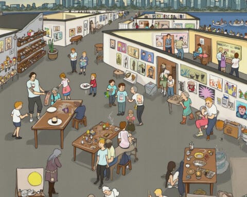 A lively outdoor art fair or exhibition scene with people interacting and observing various artworks displayed on walls and tables, such as paintings and pottery. The setting includes a city skyline and a body of water in the background. People of different ages are seen talking, looking at art, and enjoying food and drinks, creating a bustling and vibrant atmosphere.