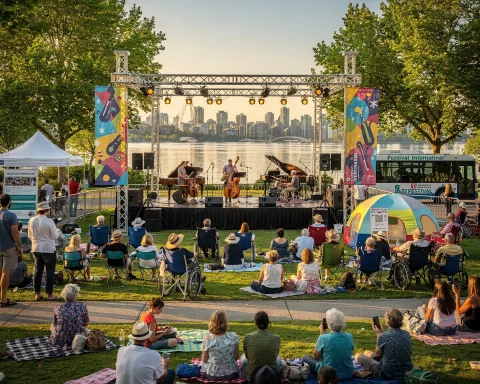 An outdoor concert with a small crowd seated on the grass near the water. Musicians perform on a stage with banners for a jazz festival, while the audience relaxes on blankets and chairs. Trees and a distant city skyline are visible in the background.