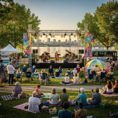 An outdoor concert with a small crowd seated on the grass near the water. Musicians perform on a stage with banners for a jazz festival, while the audience relaxes on blankets and chairs. Trees and a distant city skyline are visible in the background.