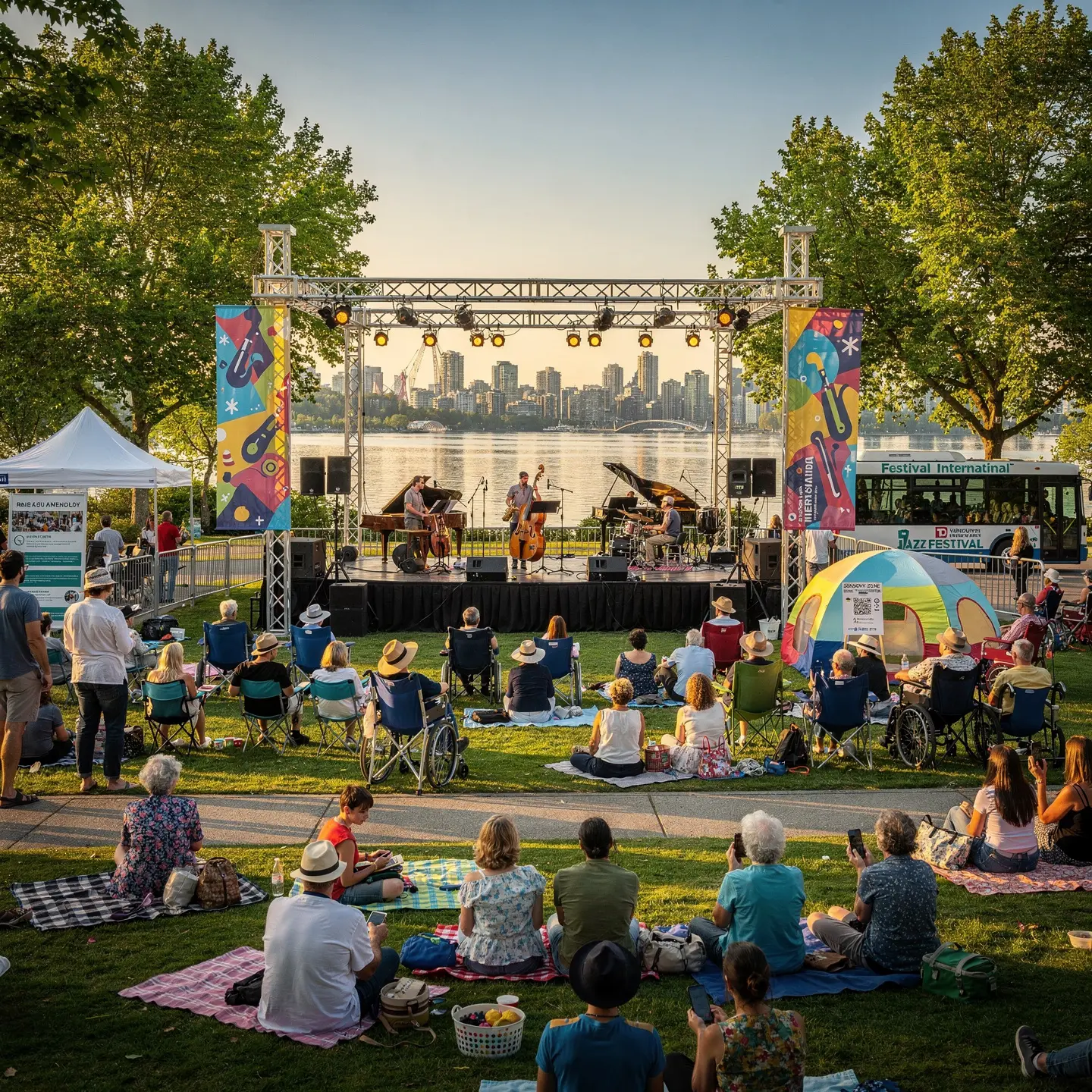 An outdoor concert with a small crowd seated on the grass near the water. Musicians perform on a stage with banners for a jazz festival, while the audience relaxes on blankets and chairs. Trees and a distant city skyline are visible in the background.