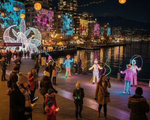 A vibrant nighttime scene by a waterfront during a festive winter evening. People in winter clothing can be seen walking around amidst colorful light displays, including neon clown figures and illuminated designs projected onto nearby buildings. The atmosphere is lively and filled with bright decorations enhancing the festive mood of the cold season.