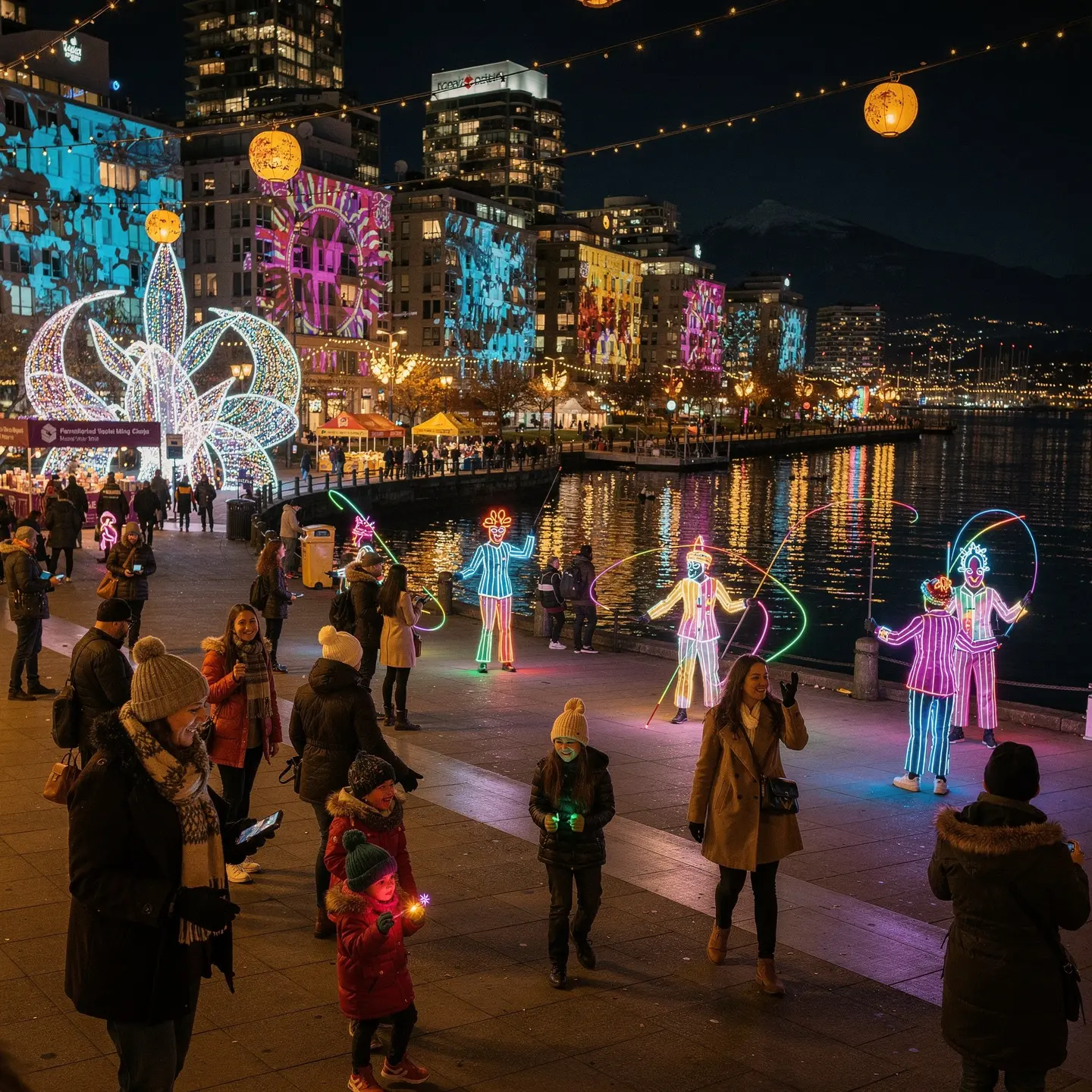 A vibrant nighttime scene by a waterfront during a festive winter evening. People in winter clothing can be seen walking around amidst colorful light displays, including neon clown figures and illuminated designs projected onto nearby buildings. The atmosphere is lively and filled with bright decorations enhancing the festive mood of the cold season.