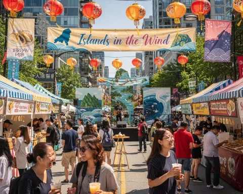 A vibrant street market or festival called 'Islands in the Wind' featuring colorful striped tents with food stalls, people enjoying food and drinks, and a musician performing on a stage. Red and orange lanterns are strung across the street, with scenic backdrops of waves and islands. The lively event is set in an urban area with tall buildings in the background.