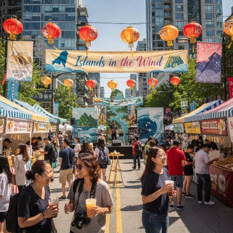 A vibrant street market or festival called 'Islands in the Wind' featuring colorful striped tents with food stalls, people enjoying food and drinks, and a musician performing on a stage. Red and orange lanterns are strung across the street, with scenic backdrops of waves and islands. The lively event is set in an urban area with tall buildings in the background.