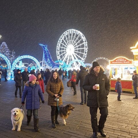 A nighttime outdoor event featuring a Ferris wheel and arches adorned with blue lights. Snow is falling, and people are walking around, some accompanied by dogs, creating a lively and cheerful atmosphere. A food stand on the right has a sign promoting 'mushroom' products.