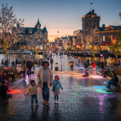 A lively urban scene at dusk with people walking, socializing, and enjoying a cobblestone walkway beside a waterfront. A musician plays guitar while colorful lights and string lights illuminate the area. Trees and historic-style buildings in the backdrop create a charming and festive atmosphere.