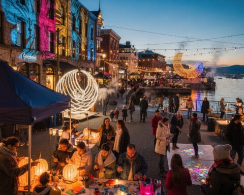 A lively street festival by a waterfront at dusk, with people gathered at tables for arts and crafts activities. Buildings feature colorful light projections, decorative string lights are overhead, and sculptural light installations create a festive atmosphere. The scene captures a vibrant and social evening event.