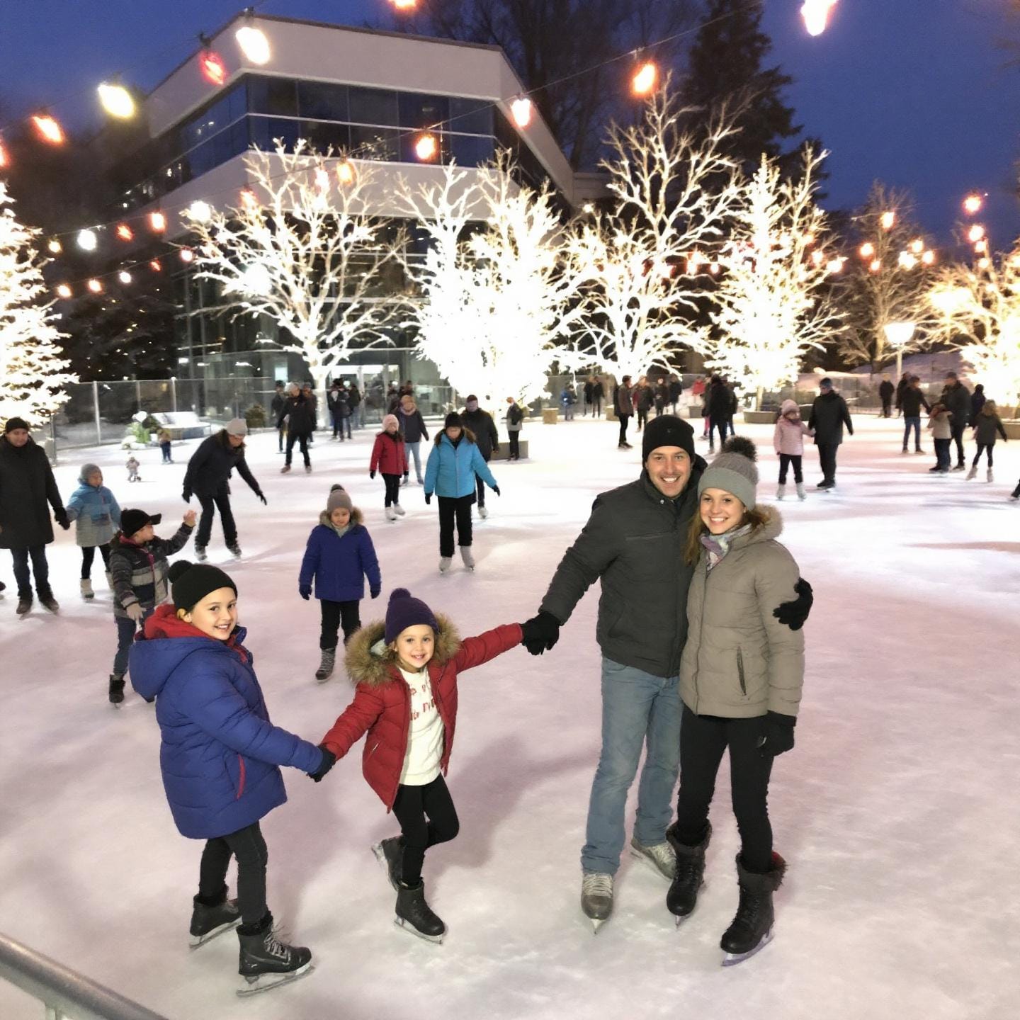 A group of people skating on an outdoor ice rink under strings of lights. Illuminated trees are visible in the background, creating a festive winter atmosphere. Everyone is enjoying the activity.