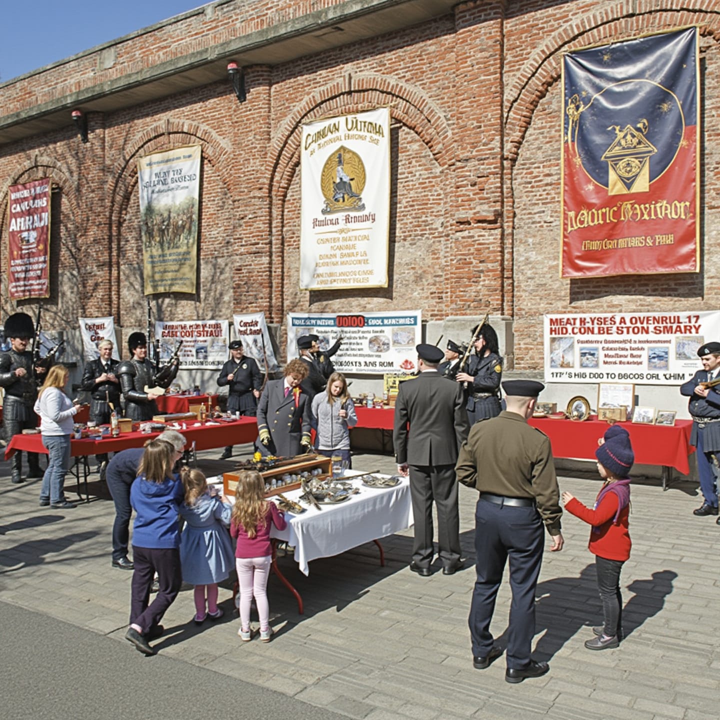 An outdoor event with people gathered around tables covered in red cloths. Uniformed individuals and a group playing bagpipes are present. Children and adults examine trophies and framed items on display. A brick wall in the background features large, colorful banners.