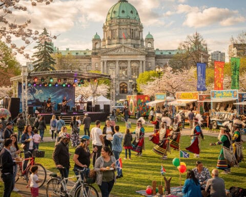 A vibrant outdoor festival on a grassy area in front of a large, ornate building with a dome. People of all ages, including families and cyclists, enjoy the event. A live band performs on a stage with colorful lights, surrounded by food stalls and booths. Some attendees wear traditional attire, adding to the culturally diverse atmosphere. The scene is decorated with banners and balloons, enhancing the festive vibe.