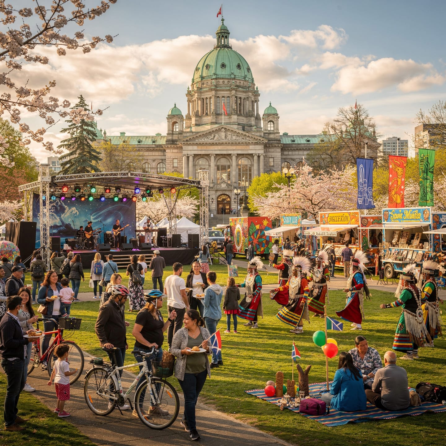 A vibrant outdoor festival on a grassy area in front of a large, ornate building with a dome. People of all ages, including families and cyclists, enjoy the event. A live band performs on a stage with colorful lights, surrounded by food stalls and booths. Some attendees wear traditional attire, adding to the culturally diverse atmosphere. The scene is decorated with banners and balloons, enhancing the festive vibe.