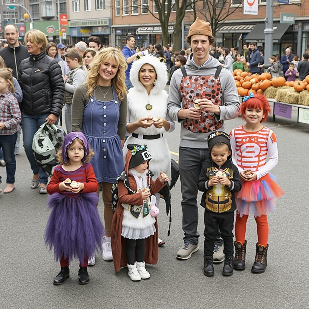 A group of children and adults dressed in various costumes at an outdoor Halloween or costume festival. They are holding cupcakes with pumpkins visible in the background, indicating a fall or Halloween theme. The setting is a street with other people and buildings in the background.