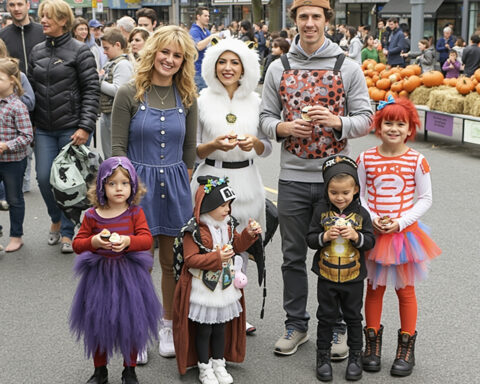 A group of children and adults dressed in various costumes at an outdoor Halloween or costume festival. They are holding cupcakes with pumpkins visible in the background, indicating a fall or Halloween theme. The setting is a street with other people and buildings in the background.