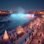 A scenic winter nighttime view of a waterfall illuminated by colorful blue and pink lights. A snowy path lined with glowing, lit-up trees runs alongside, where people are walking or standing, enjoying the beautifully lit and festive atmosphere.