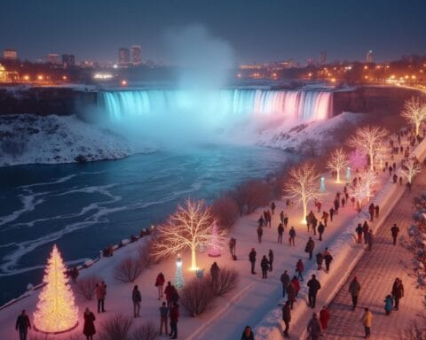 A scenic winter nighttime view of a waterfall illuminated by colorful blue and pink lights. A snowy path lined with glowing, lit-up trees runs alongside, where people are walking or standing, enjoying the beautifully lit and festive atmosphere.