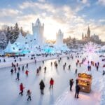 A vibrant winter scene featuring people ice skating on a large outdoor rink. In the background, a detailed ice castle is surrounded by snow-covered trees. Nearby, a festive stall adorned with lights likely offers snacks, while an illuminated snowflake decoration adds to the festive atmosphere. The lively setting suggests a winter festival in a snowy location.