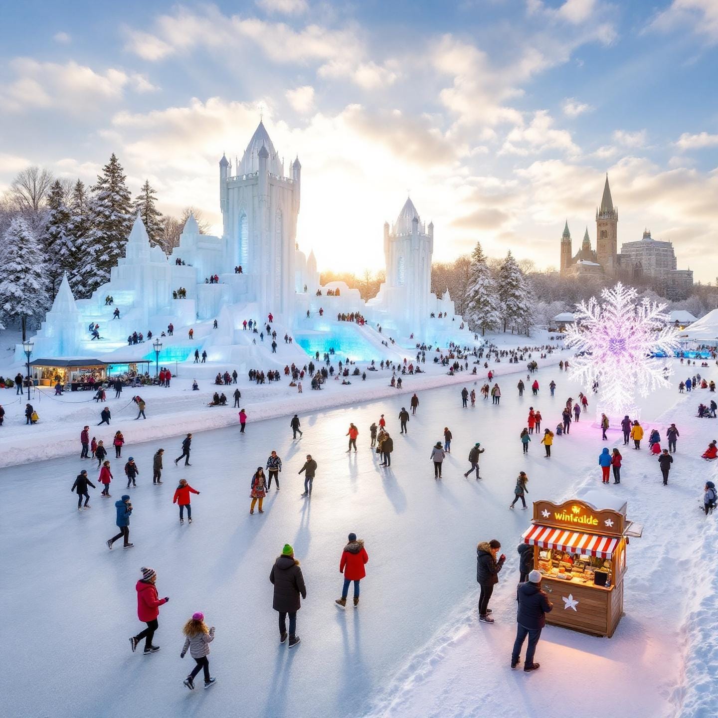 A vibrant winter scene featuring people ice skating on a large outdoor rink. In the background, a detailed ice castle is surrounded by snow-covered trees. Nearby, a festive stall adorned with lights likely offers snacks, while an illuminated snowflake decoration adds to the festive atmosphere. The lively setting suggests a winter festival in a snowy location.