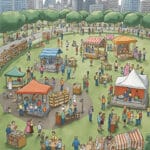 A vibrant outdoor book fair set in a park with colorful canopy stalls, bookshelves, and people browsing or purchasing items. Trees and city buildings are visible in the background, creating a lively, community-focused atmosphere.